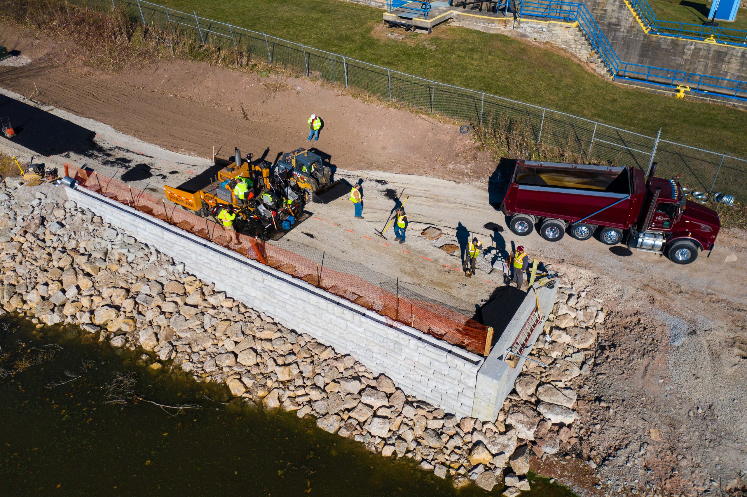 Fox River asphalt application from aerial view