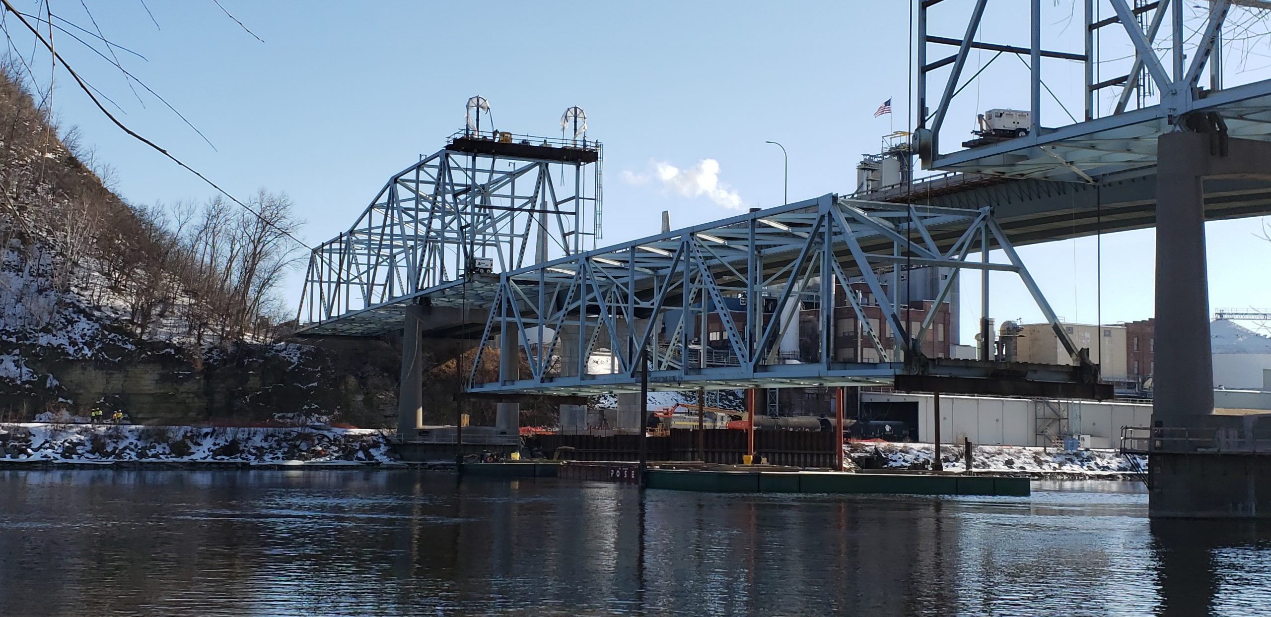 Wide shot of construction of Red Wing Eisenhower Bridge of Valor
