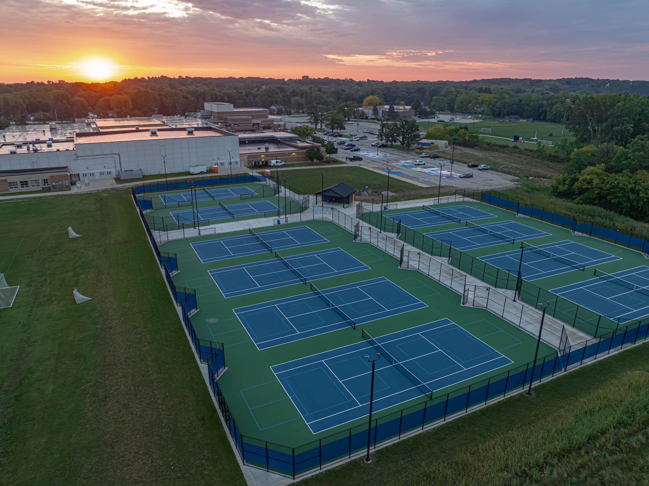Aerial sunset view of finished Kettle Moraine Tennis Courts