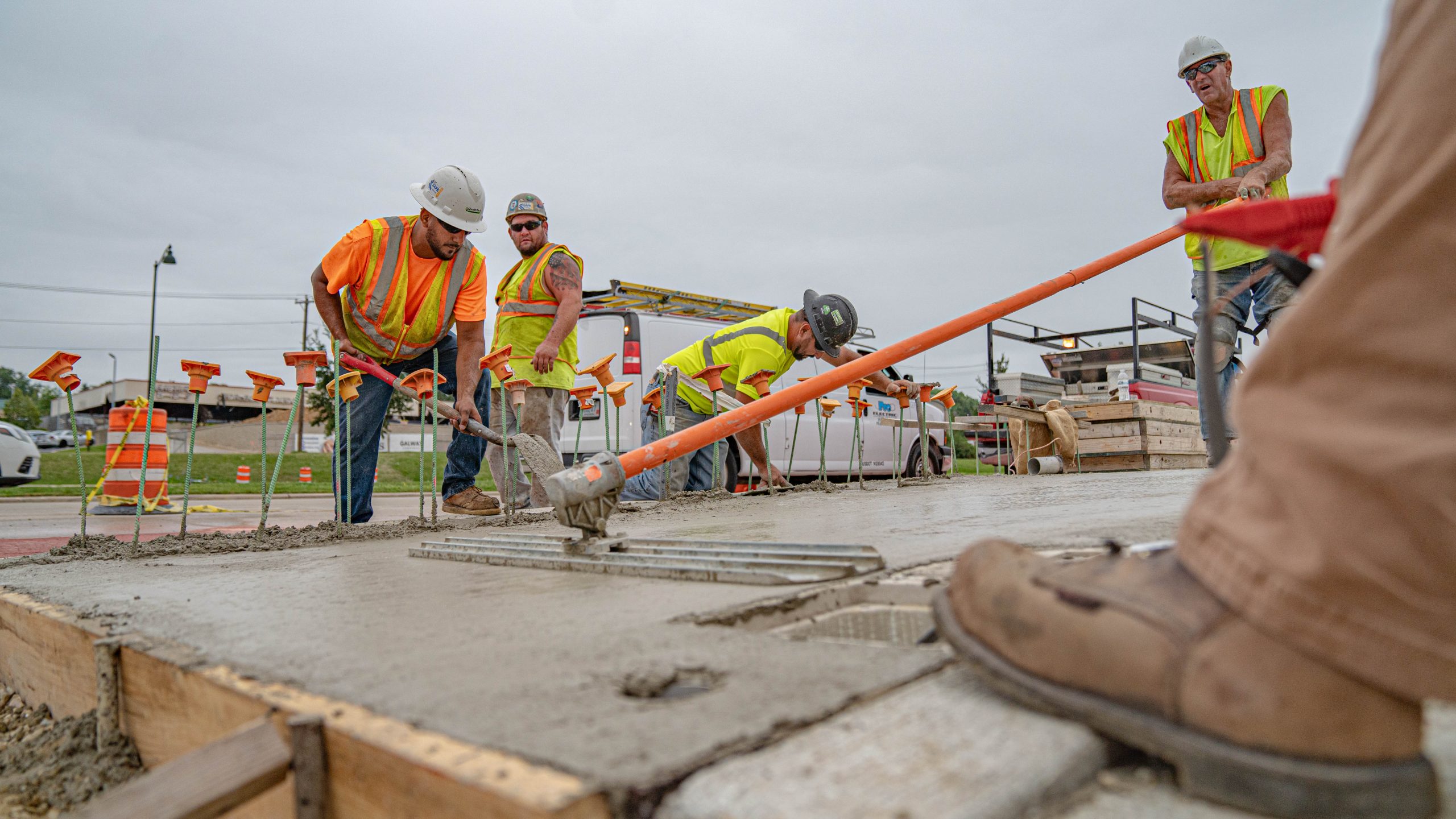Close up works leveling concrete of Madison East-West Bus Rapid Transit