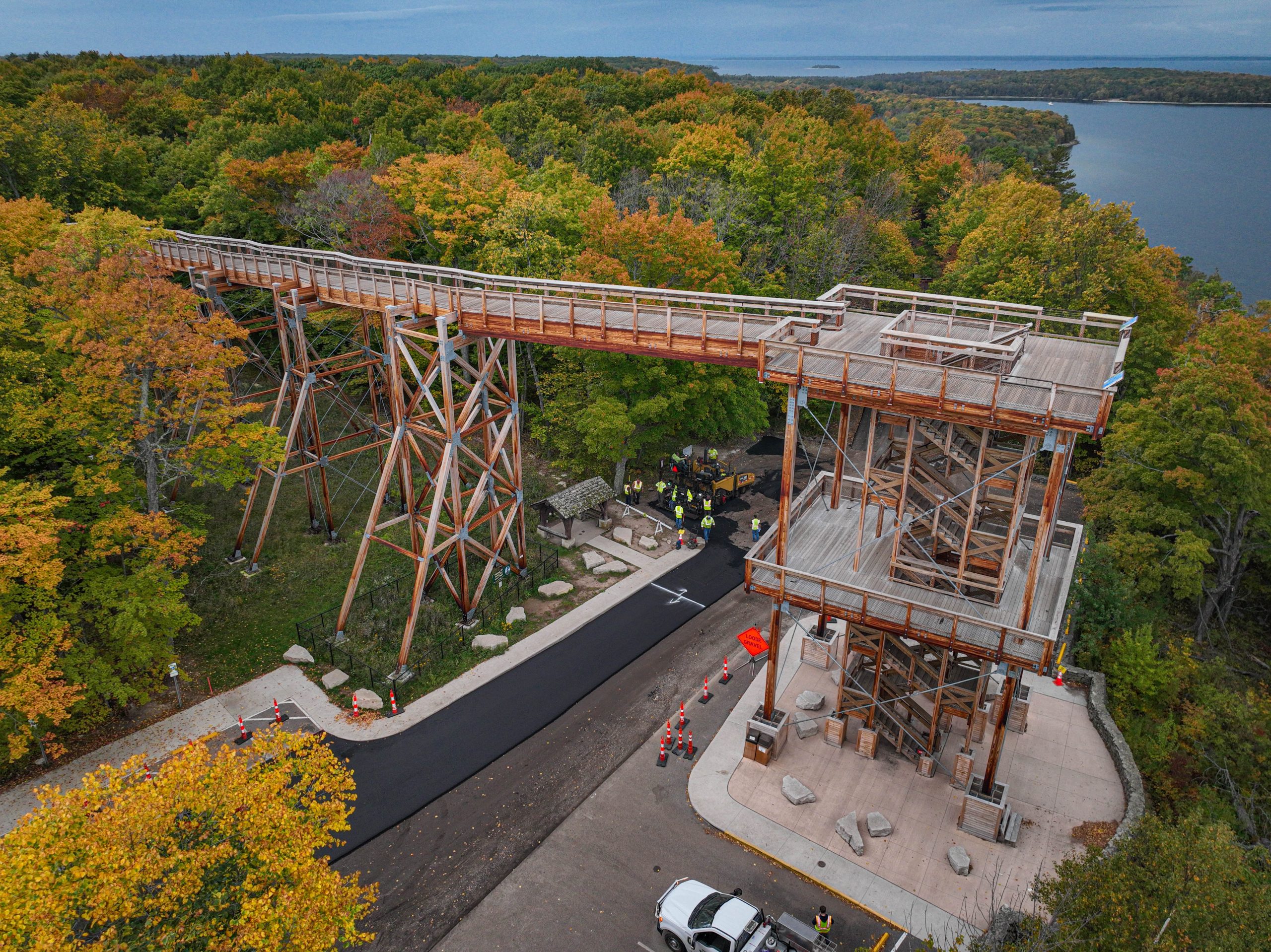 Aerial view show asphalt leveling on Peninsula State Park Main Access Roads