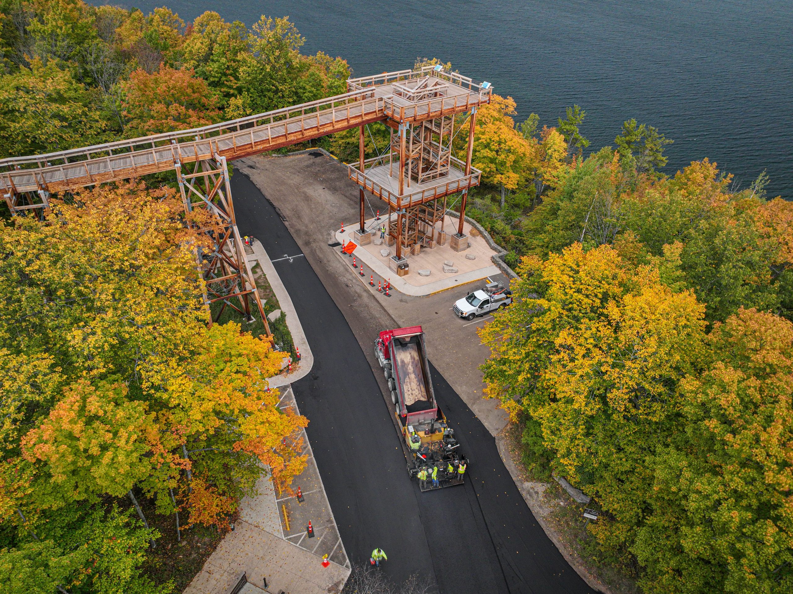 Aerial view of road repairs on main access road to Peninsula State Park