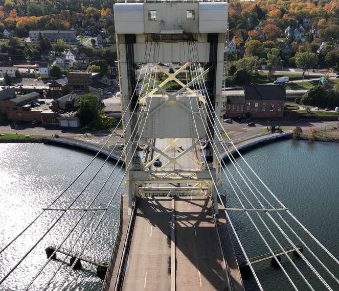 Aerial view looking down showing Portage Lake Lift Bridge's tower