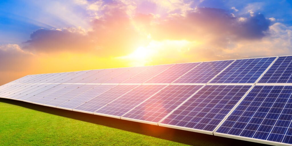 solar panels at sunset