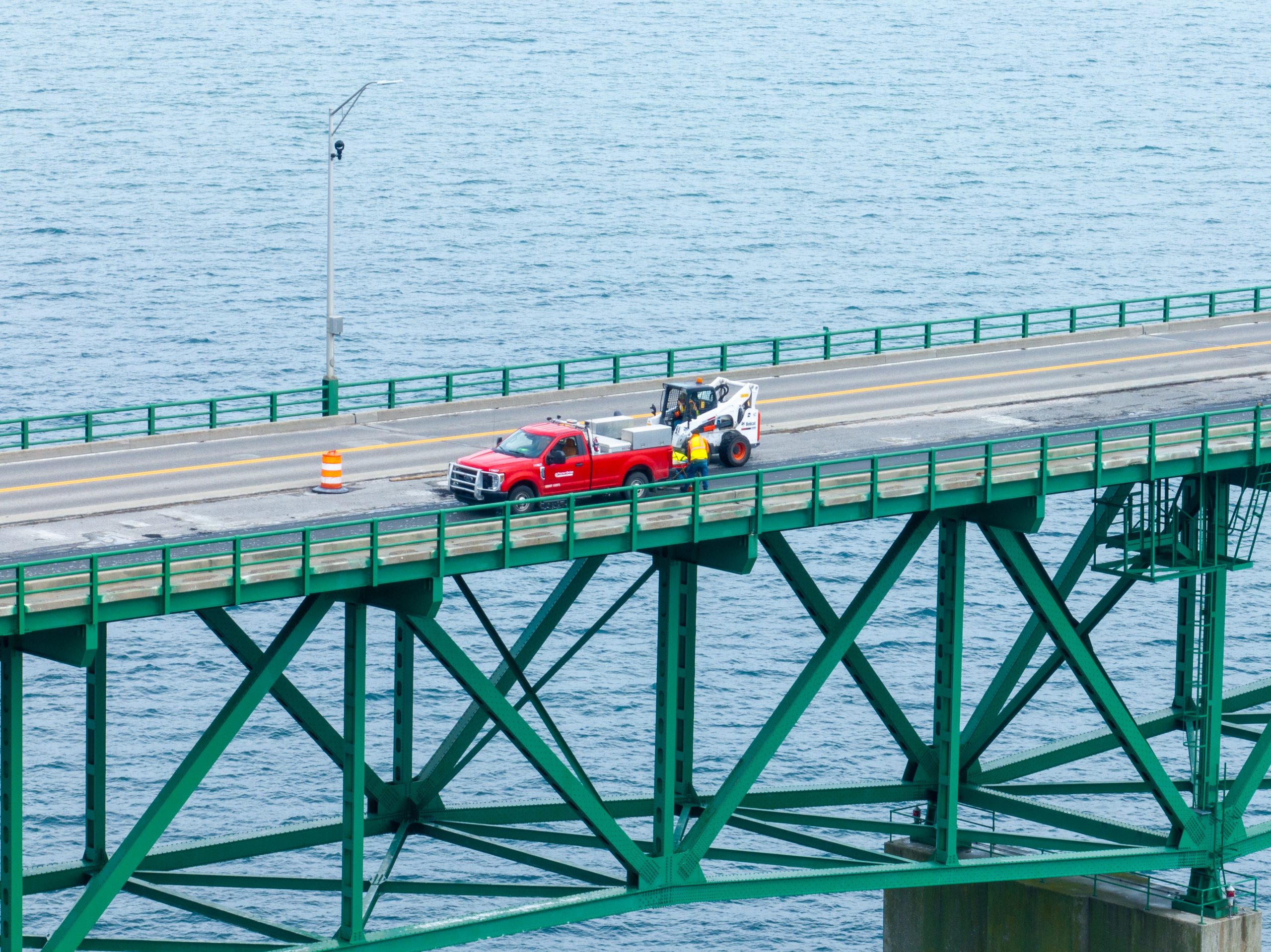Aerial view of concrete and steel deck repair of I-75 on the Mackinac Bridge between St.