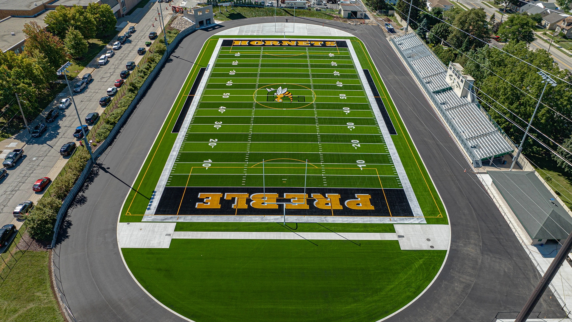 Aerial view of green bay area school football field