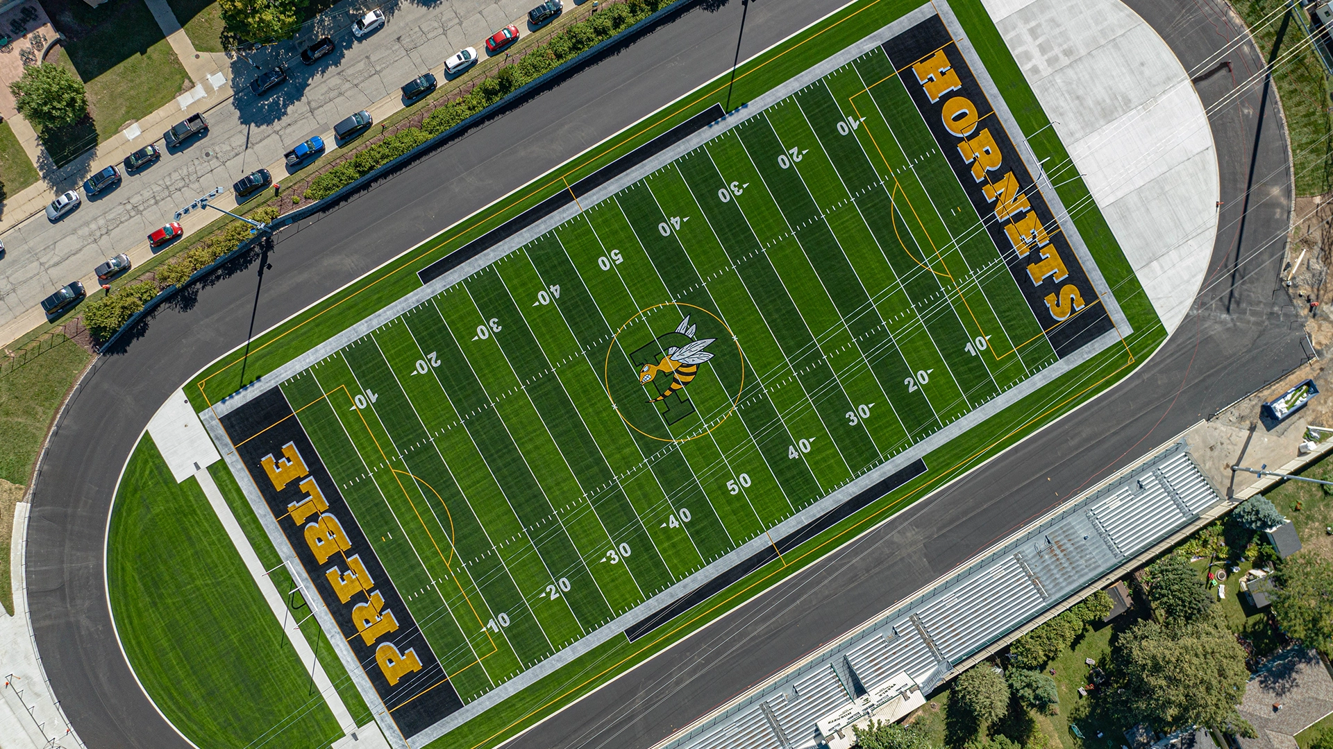 Aerial view of green bay area school football field