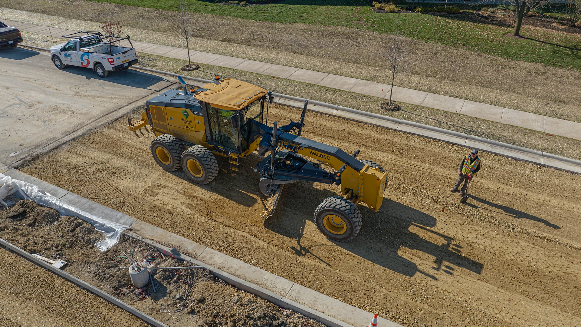 aerial view of construction worker and equipment