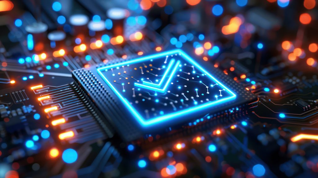 Close up blue and orange circuit board with a glowing blue checkmark