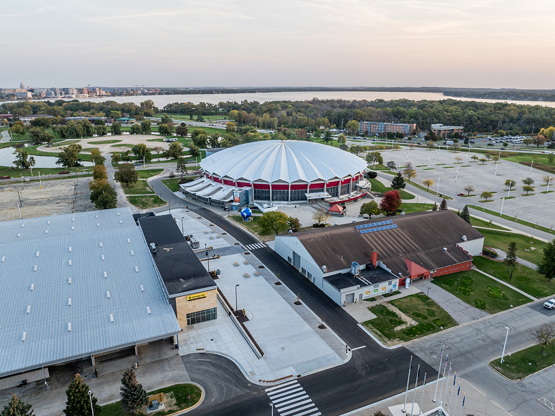Aerial view looking directly at the Aliant Energy Center showcasing the final results of pavement installation