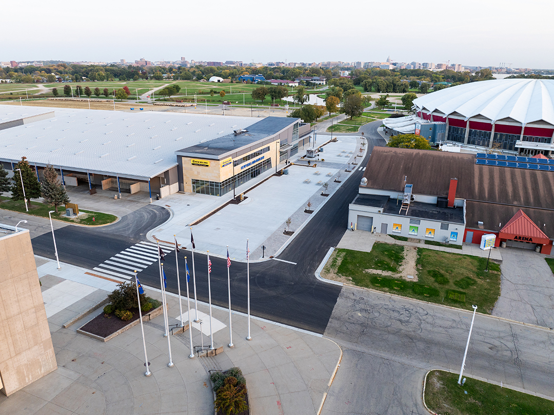 Aerial view the final results of pavement installation at Alliant Energy Center